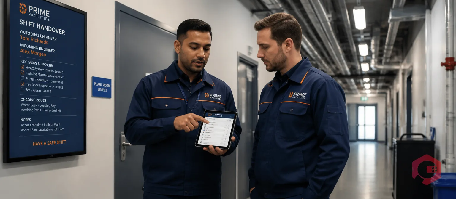 Two facility maintenance technicians performing shift handover with CMMS tablet showing work status logs | Cryotos