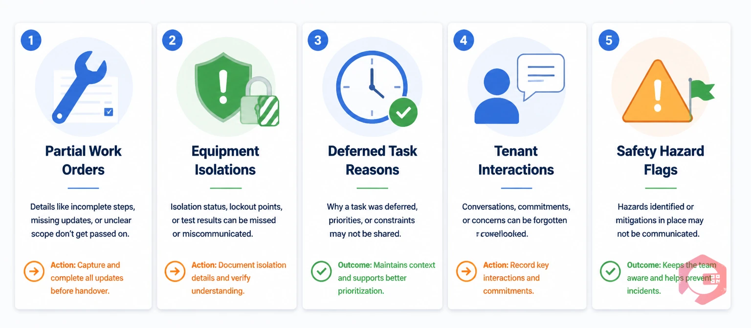 Five types of critical information lost in verbal shift handovers in facility management — point cards illustration | Cryotos