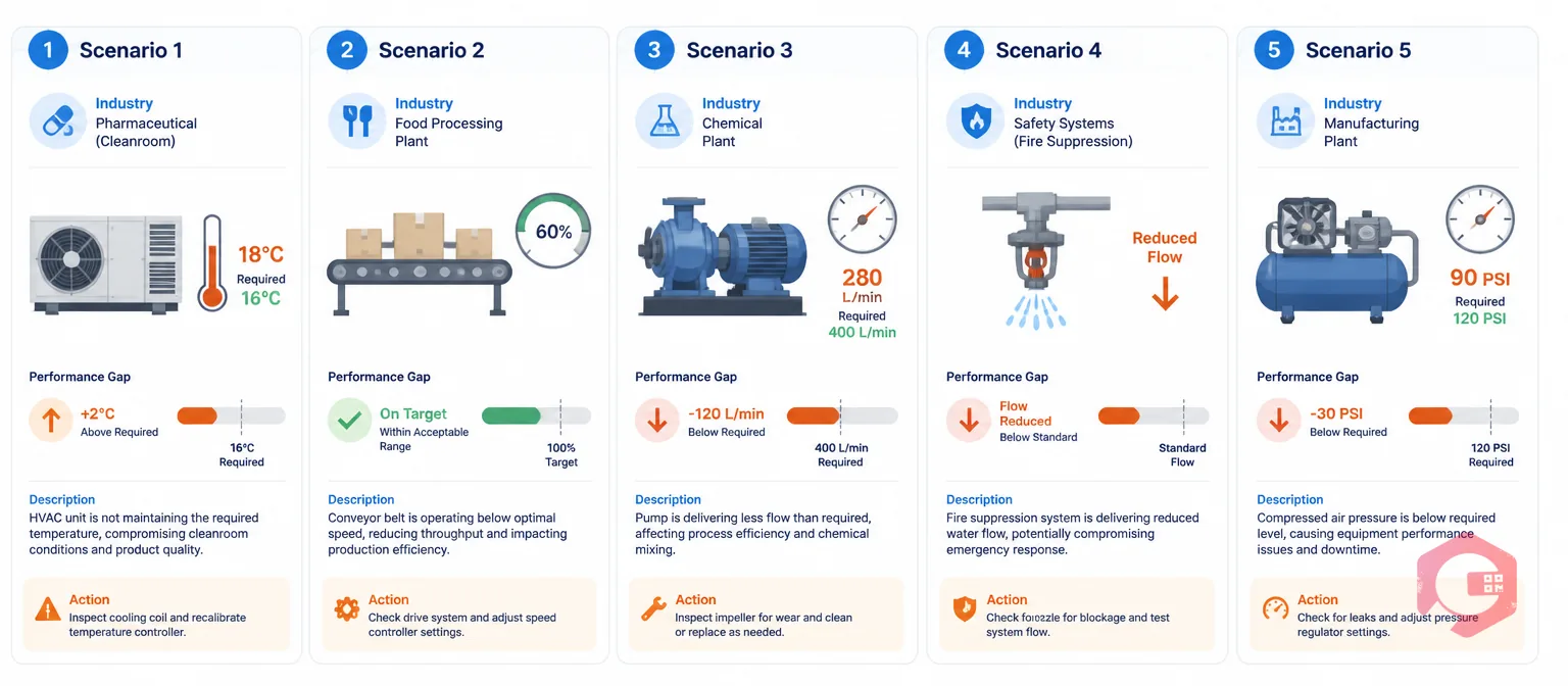 Five real-world functional failure examples across HVAC, conveyor, pump, fire suppression, and compressed air systems | Cryotos