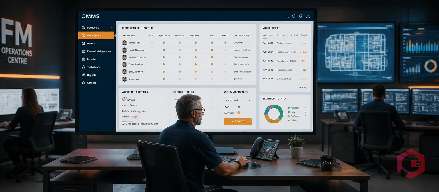 Facility manager reviewing technician skill matrix on CMMS dashboard, assigning qualified technician to work order in modern FM operations centre | Cryotos