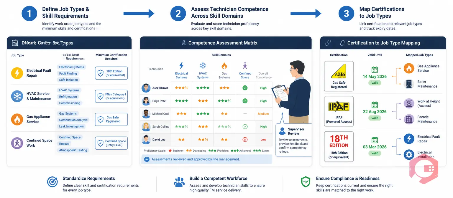Three-step process to build a technician skill matrix for FM operations: define job types, rate technicians, map certifications to regulatory requirements | Cryotos