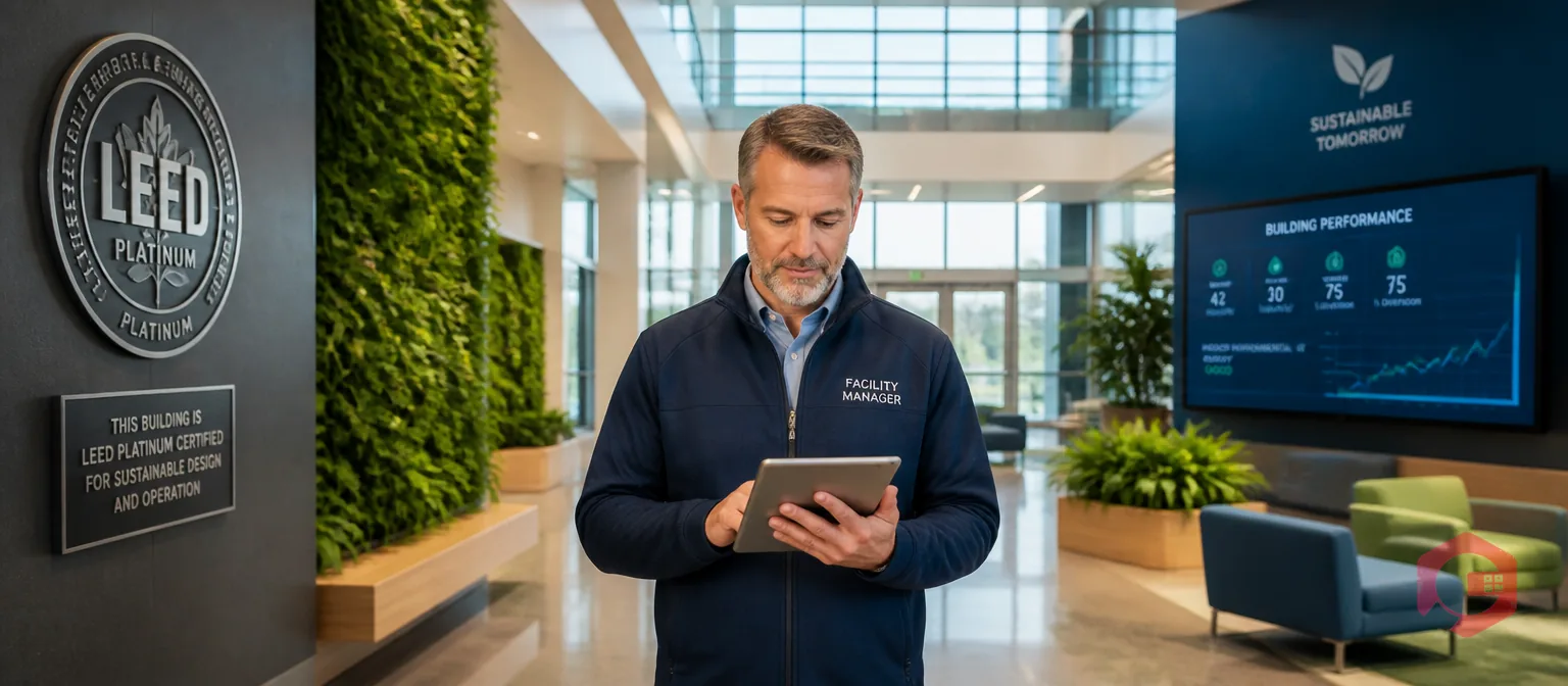 Facility manager reviewing LEED green building compliance documentation and maintenance records in modern eco-friendly commercial building | Cryotos