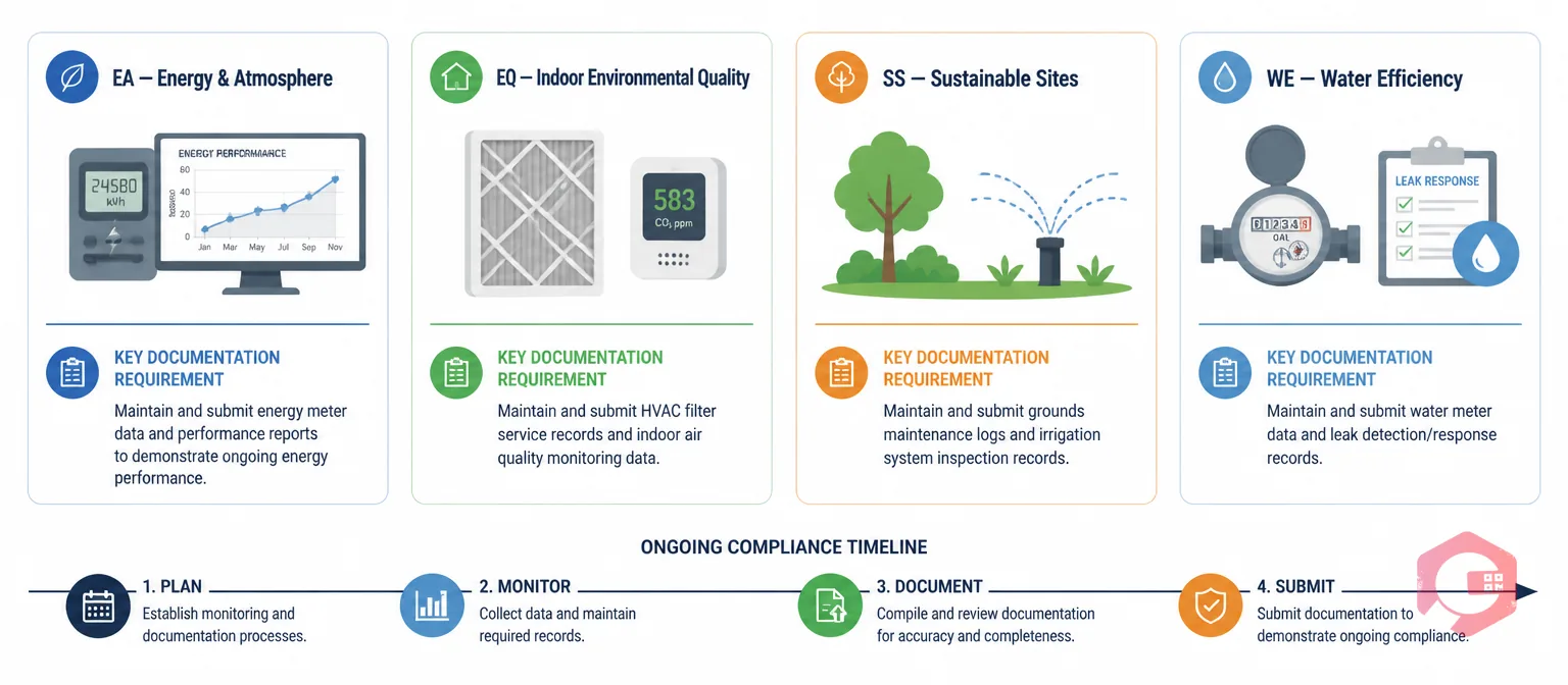 Four LEED O+M credit categories EA EQ SS WE requiring ongoing maintenance documentation for green building compliance | Cryotos