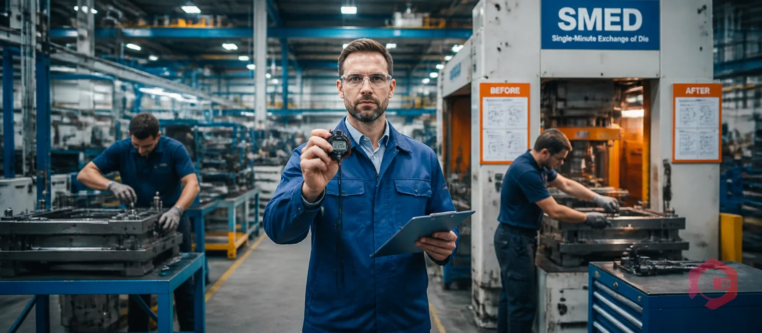 Production engineer timing equipment changeover on manufacturing floor — SMED lean manufacturing