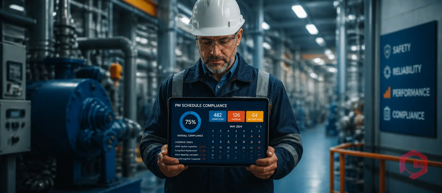 Maintenance manager reviewing preventive maintenance schedule compliance report on tablet in industrial facility