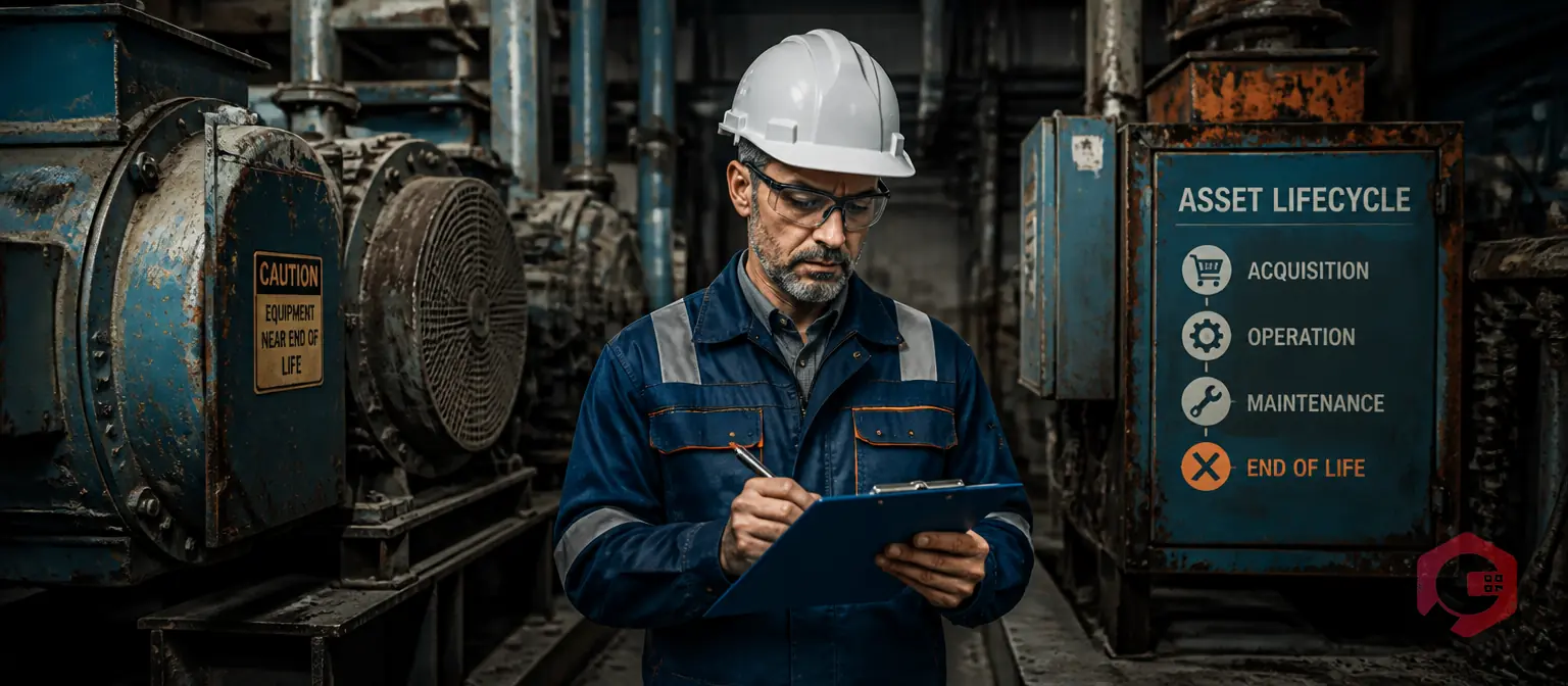Maintenance engineer assessing aging industrial equipment for end-of-life decision