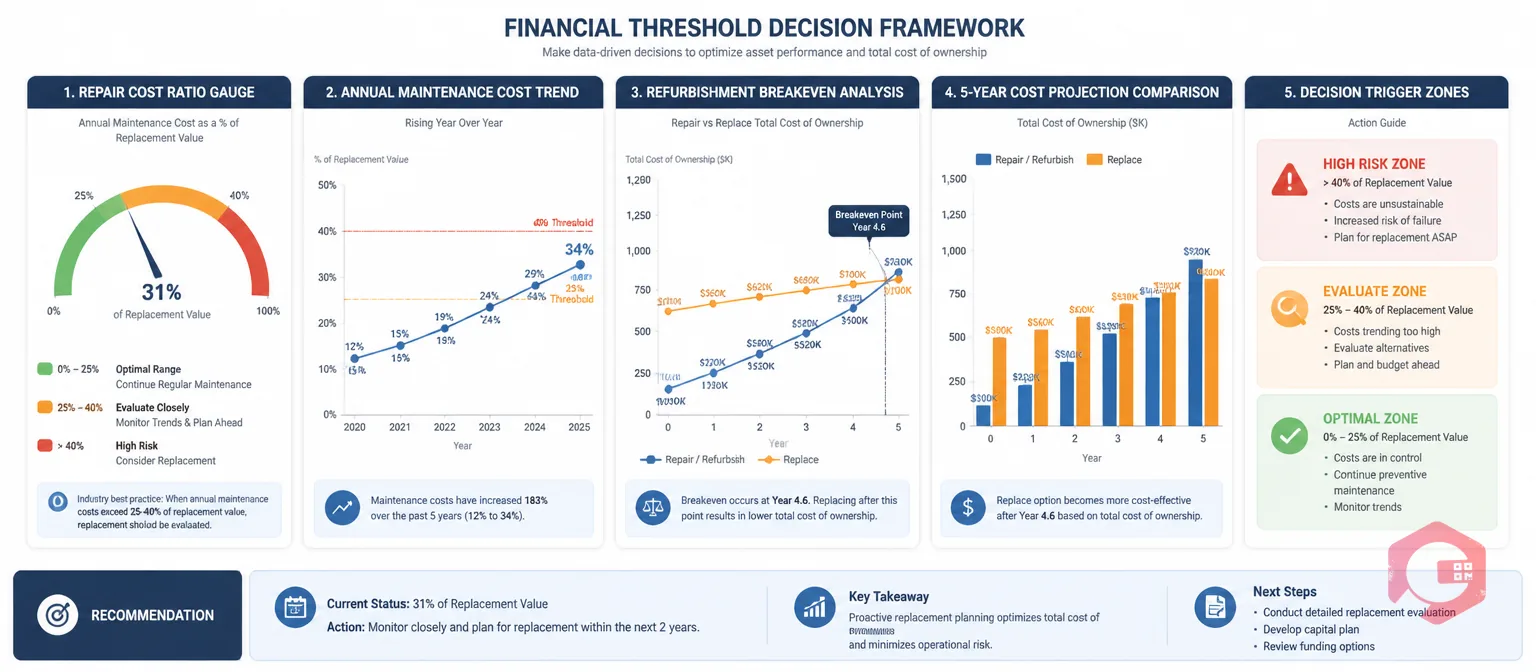 Financial threshold framework showing repair cost ratio and replacement decision triggers