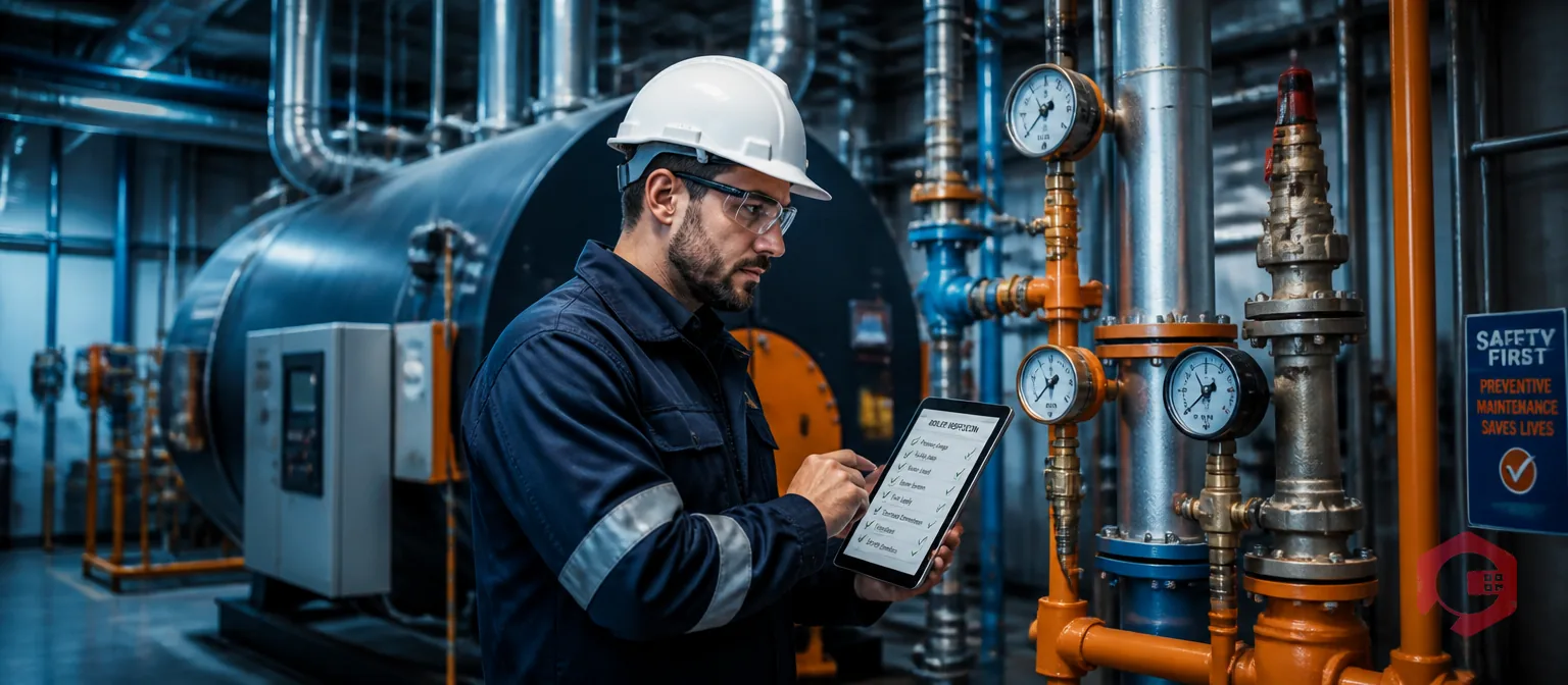 Maintenance technician inspecting industrial boiler with digital checklist tablet for preventive maintenance