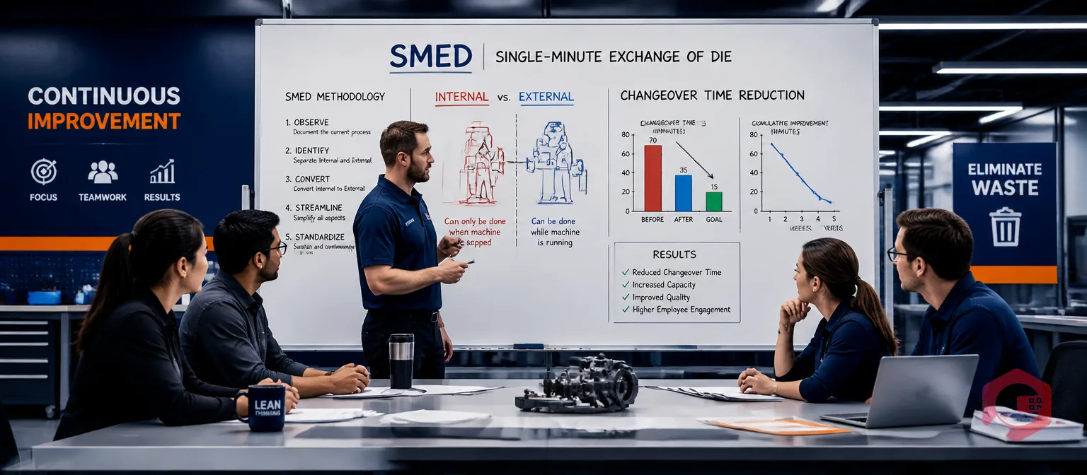 Lean manufacturing team studying SMED methodology with changeover time reduction charts on whiteboard