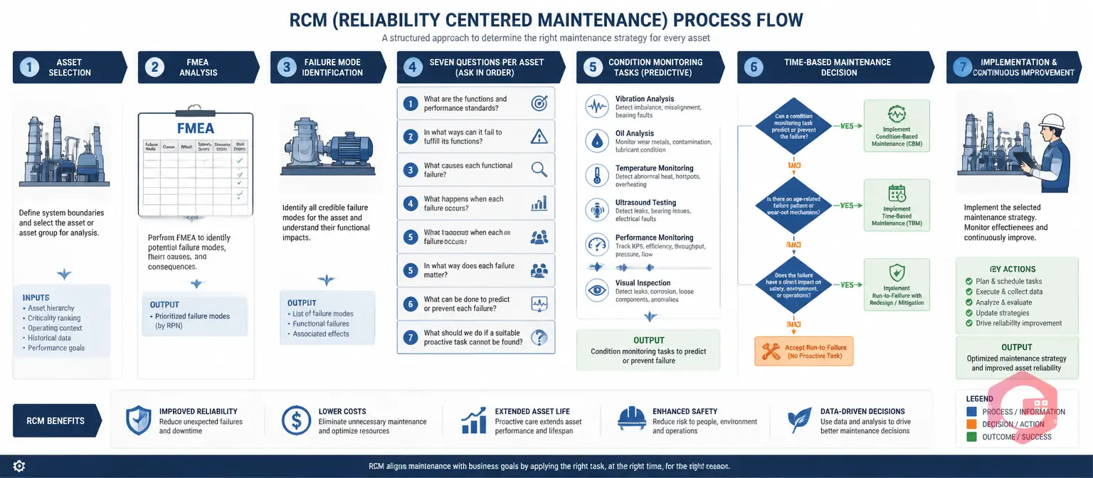 Reliability-Centered Maintenance RCM methodology showing FMEA workflow and asset criticality analysis process