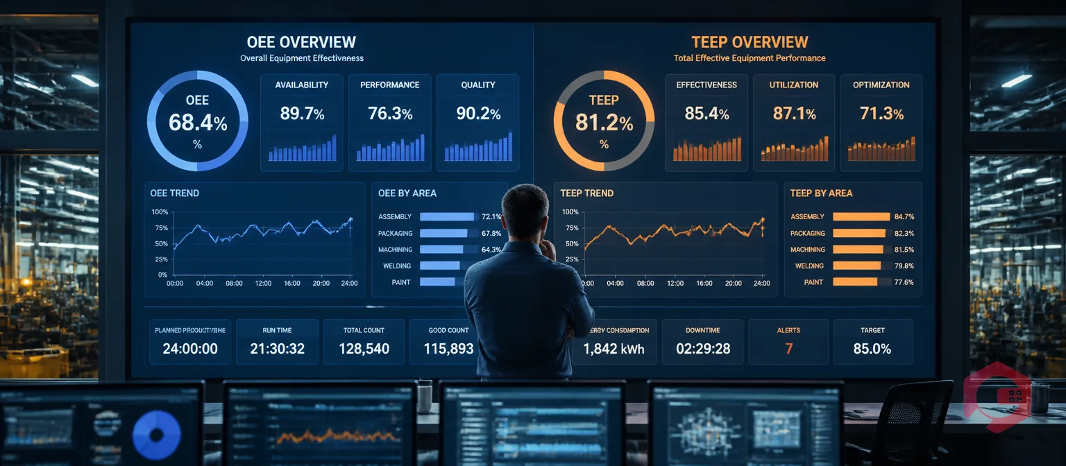 Plant operations manager comparing OEE and TEEP metrics on industrial analytics dashboard