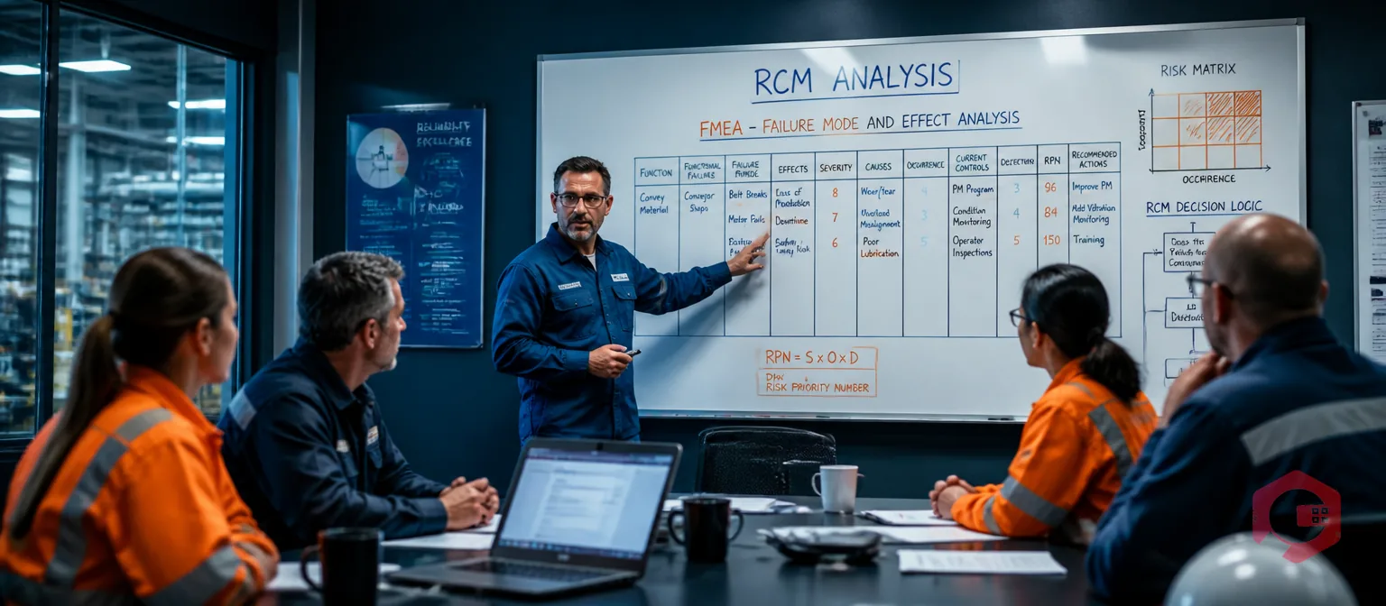Reliability engineer facilitating RCM analysis session with team at whiteboard showing FMEA, industrial maintenance context