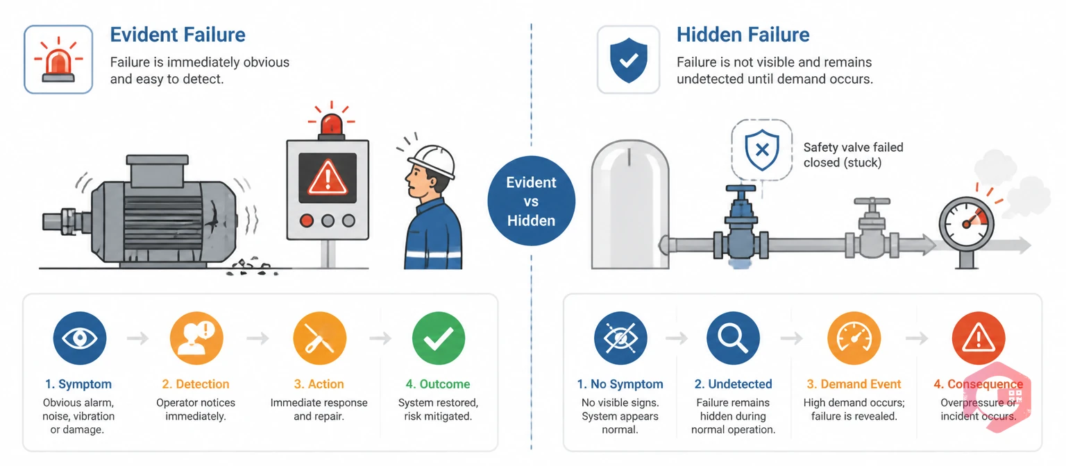 Hidden failure vs evident failure concept diagram showing detection differences | Cryotos