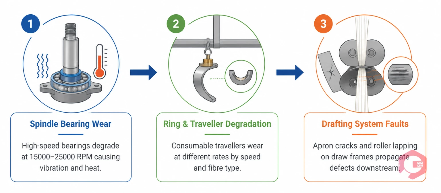 Top three causes of downtime in spinning operations — spindle bearing wear, traveller degradation, drafting faults | Cryotos