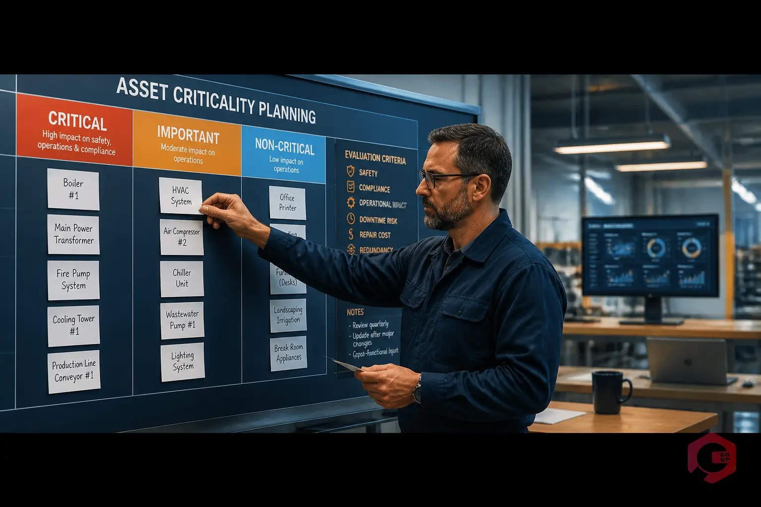 Maintenance manager sorting assets into criticality tiers on a planning board | Cryotos