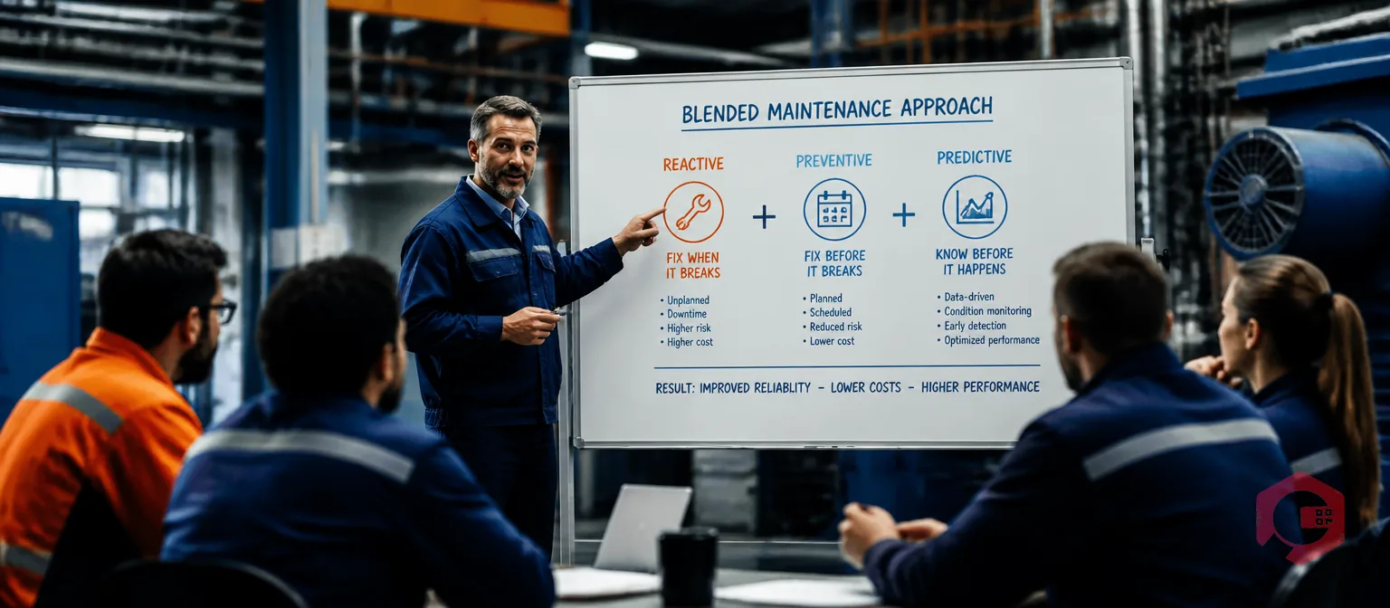 Maintenance strategy director presenting blended maintenance approach on whiteboard to operations team in industrial facility | Cryotos