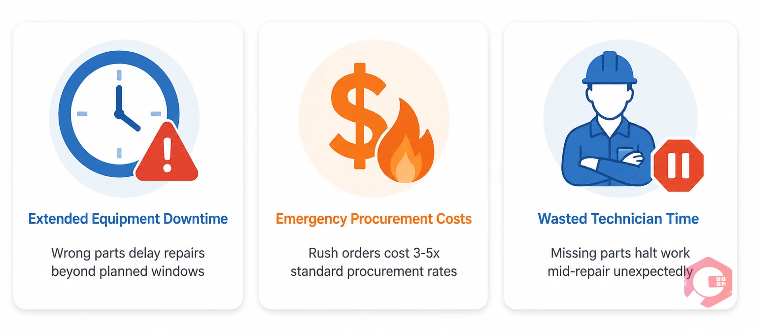 Three costs of BOM inaccuracy in maintenance — extended downtime, emergency procurement costs, wasted technician time | Cryotos