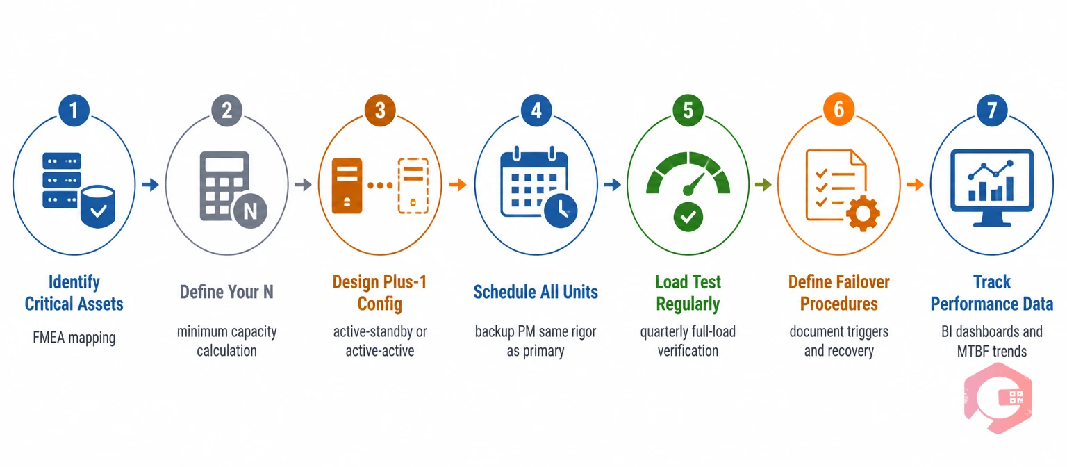 7-step process illustration for implementing N+1 redundancy in maintenance strategy: identify assets, define N, design config, schedule units, load test, define failover, track performance | Cryotos