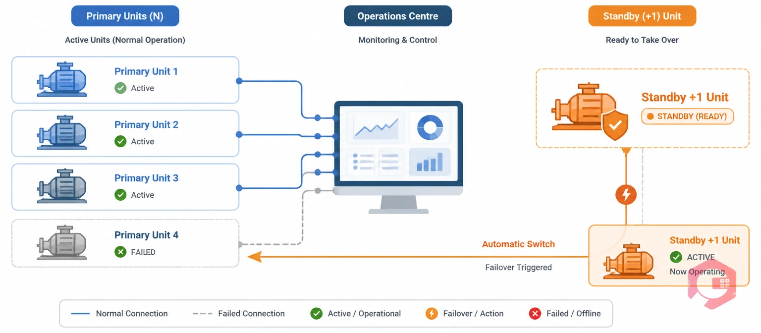 N+1 redundancy concept illustration showing primary units and standby backup with automatic failover | Cryotos