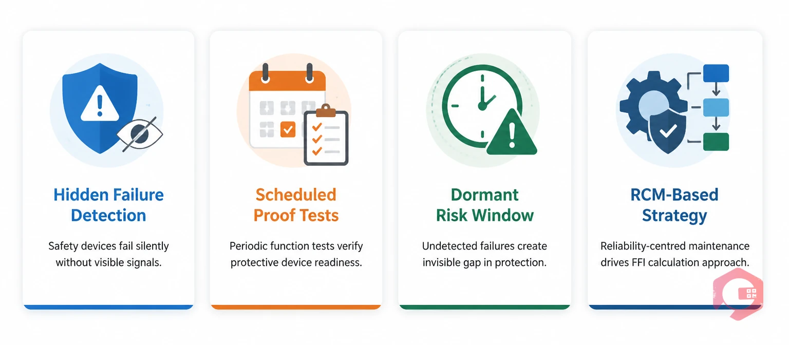 What is a failure-finding interval — 4-card concept illustration showing hidden failure detection, scheduled proof tests, dormant risk window, and RCM strategy | Cryotos