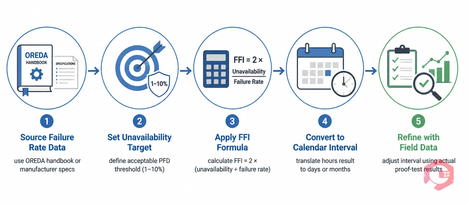 How to calculate failure-finding interval — 5-stage process flow from failure rate sourcing to interval refinement with field data | Cryotos