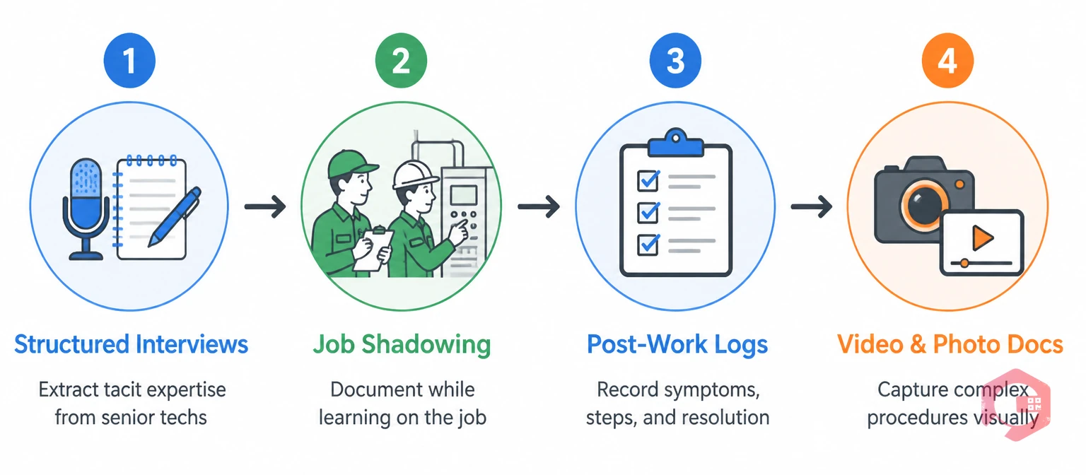 Four methods for capturing maintenance team knowledge shown as a process flow illustration | Cryotos