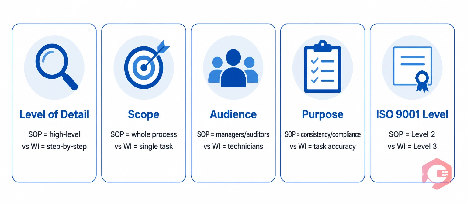SOP vs Work Instruction key differences: level of detail, scope, audience, purpose, ISO 9001 document level | Cryotos