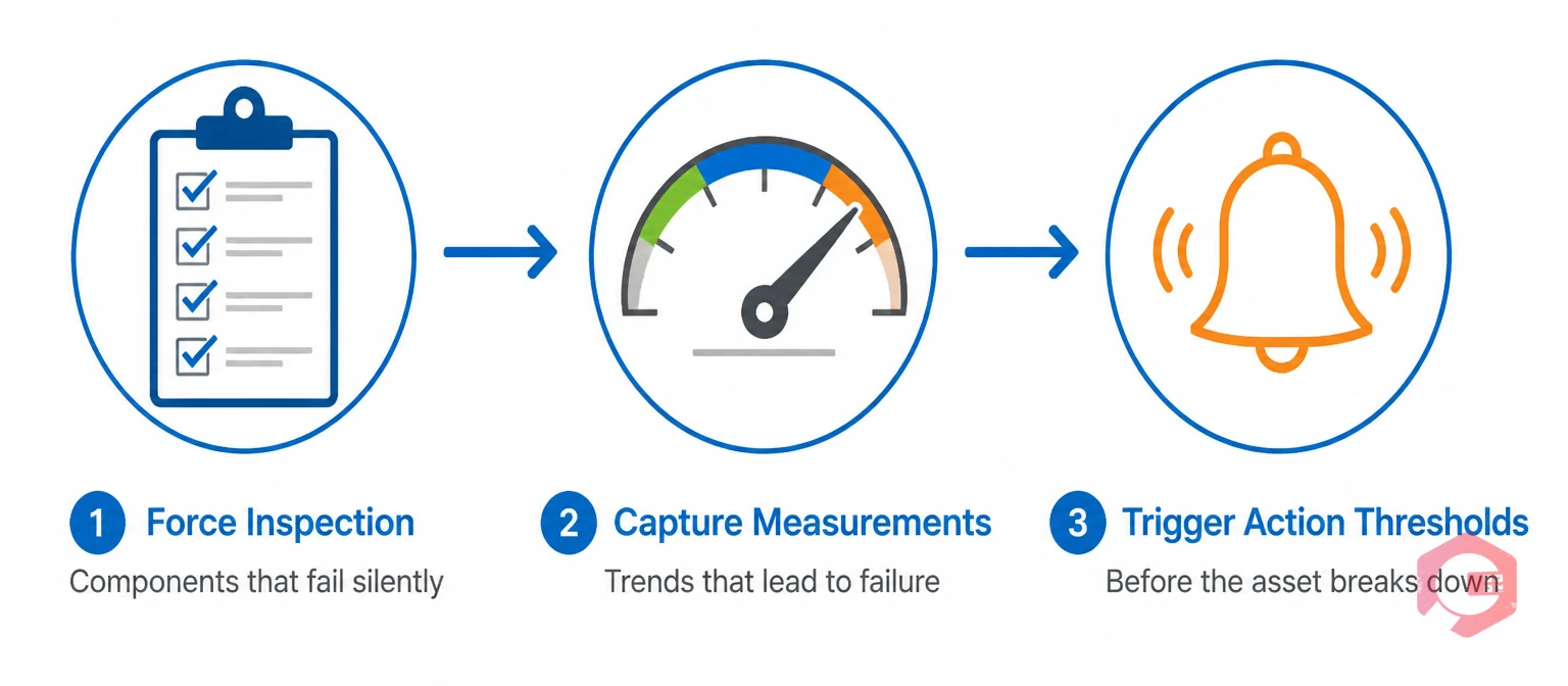 How a preventive maintenance checklist catches problems — 3-stage process: force inspection, capture measurements, trigger action thresholds | Cryotos