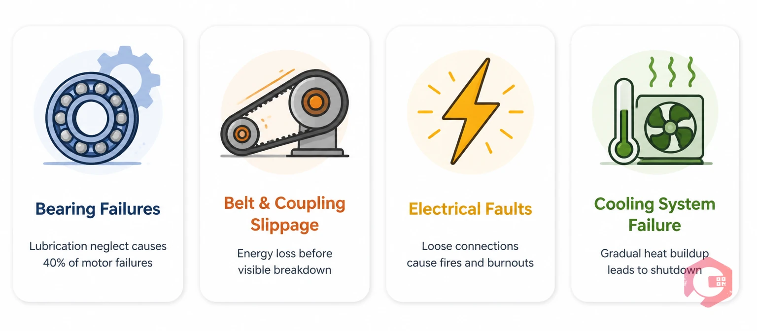 Common equipment problems prevented by a PM checklist — bearing failures, belt slippage, electrical faults, cooling system degradation | Cryotos