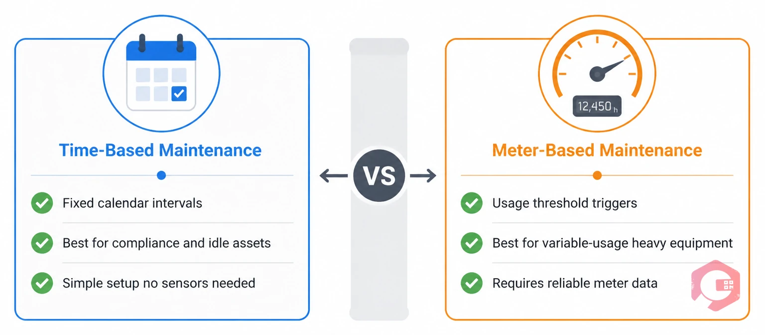 Side-by-side comparison of time-based versus meter-based maintenance: triggers, best use cases, and setup requirements | Cryotos