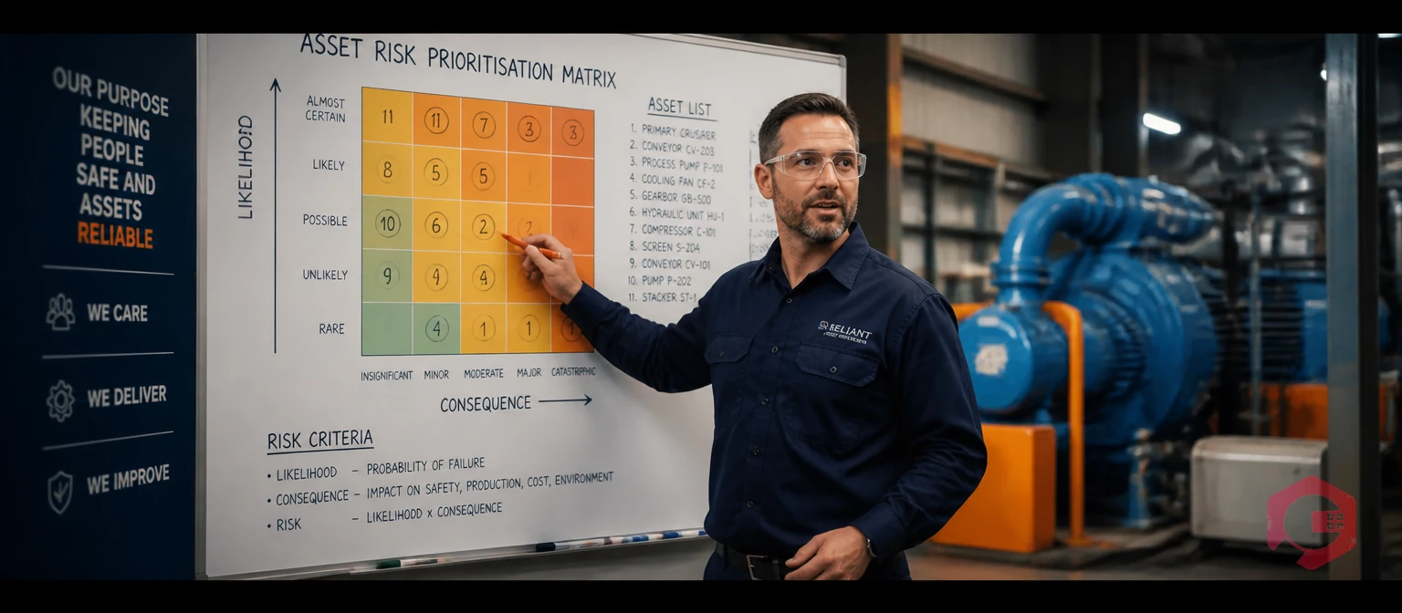 Reliability engineer marking up an asset risk prioritisation matrix on a whiteboard in a maintenance planning room | Cryotos