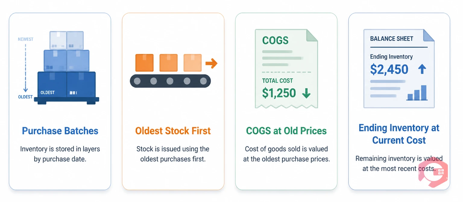 FIFO inventory valuation concept illustration showing purchase batches, oldest stock first, COGS and ending inventory | Cryotos