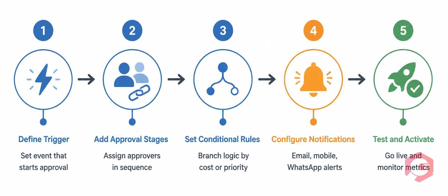 Five-step process of building a no-code maintenance approval workflow: trigger, stages, conditions, notifications, activate | Cryotos