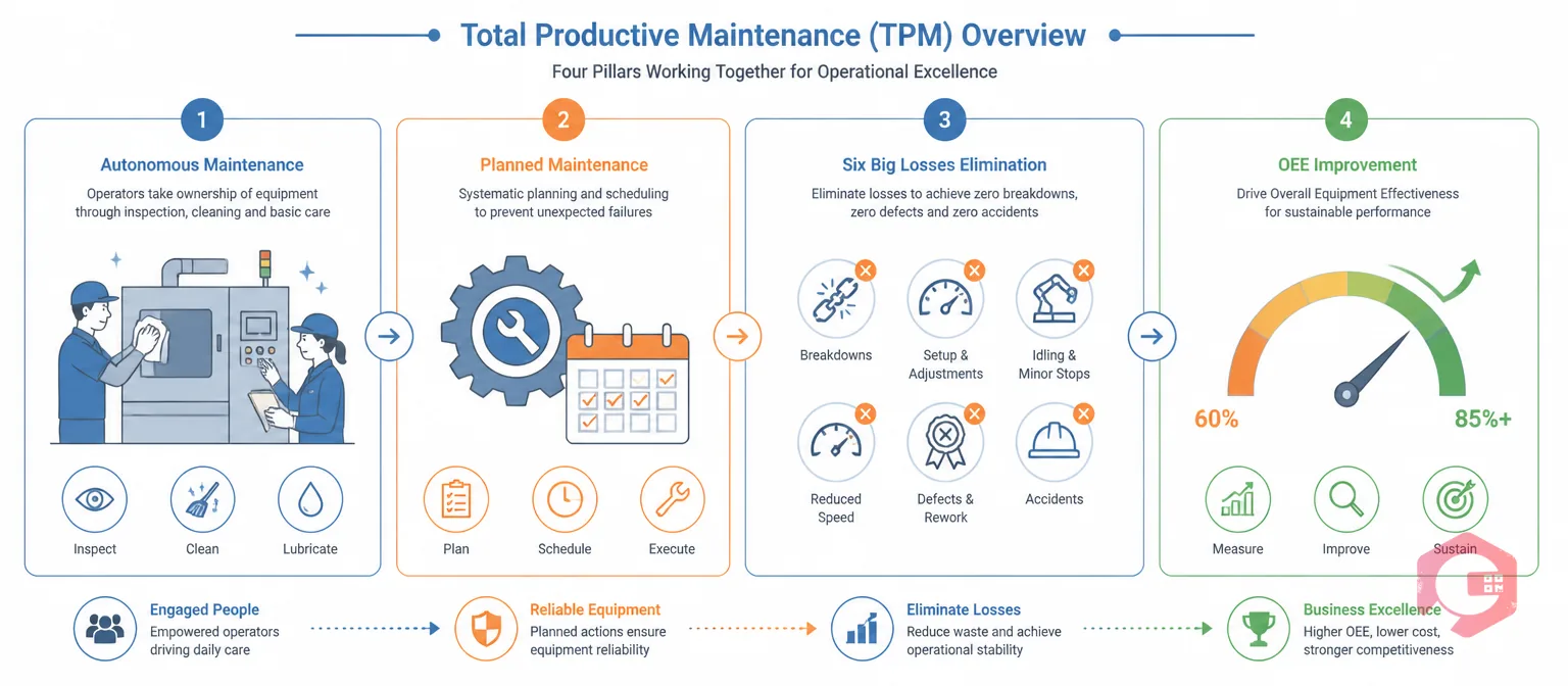 Total Productive Maintenance overview concept illustration showing autonomous maintenance, planned maintenance, six big losses elimination, and OEE improvement | Cryotos