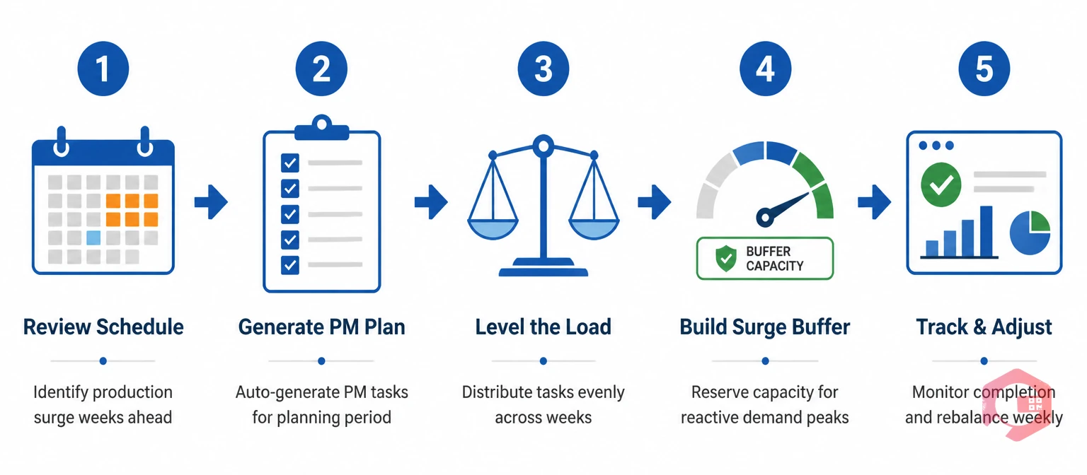 Heijunka maintenance scheduling process flow illustration showing 5 stages from production review to workload leveling | Cryotos