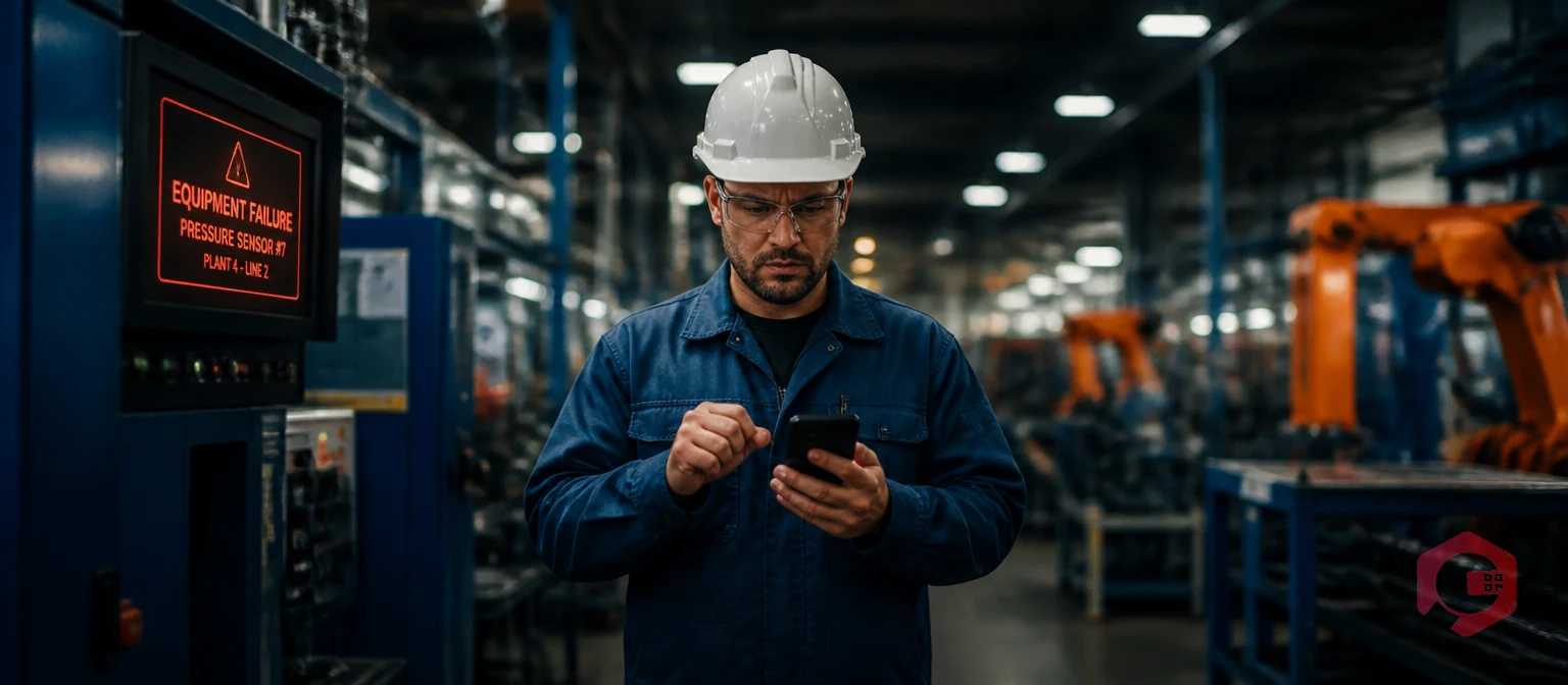 Maintenance technician acknowledging equipment failure alert on smartphone in industrial facility | Cryotos