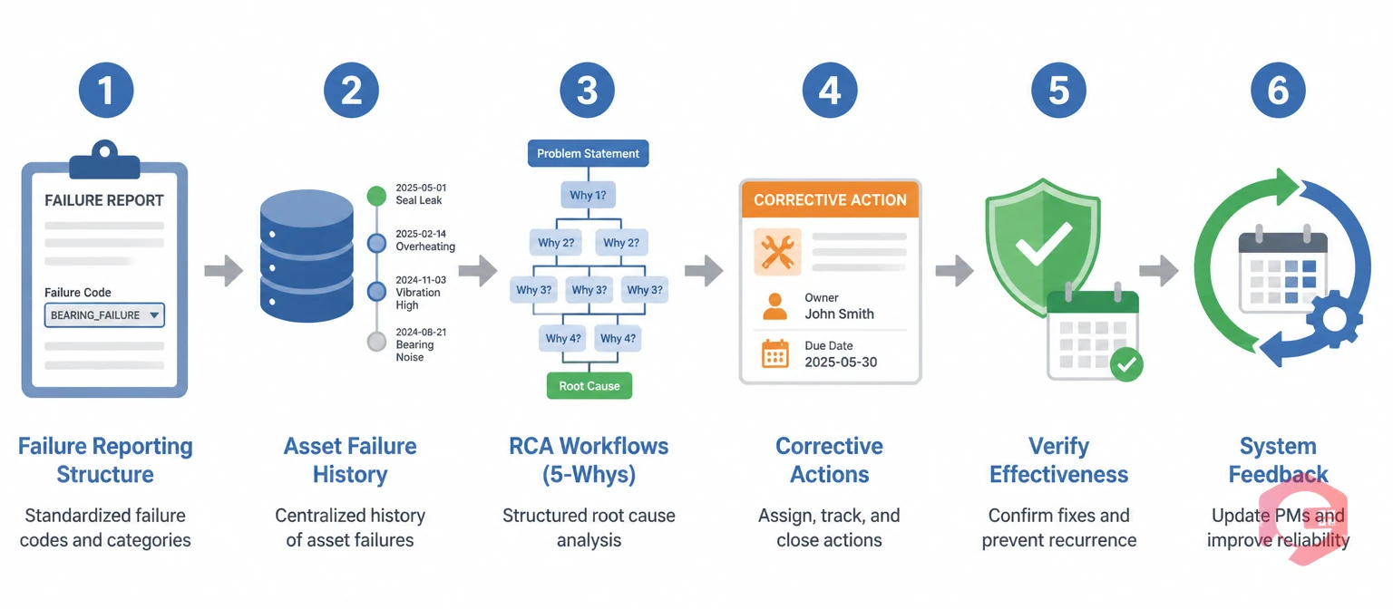 6-step FRACAS implementation workflow in CMMS: reporting structure, failure history, RCA, corrective actions, verification, system feedback | Cryotos