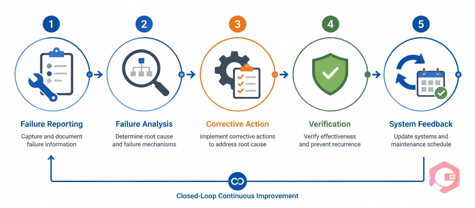 FRACAS closed-loop system 5 phases: Failure Reporting, Analysis, Corrective Action, Verification, System Feedback | Cryotos