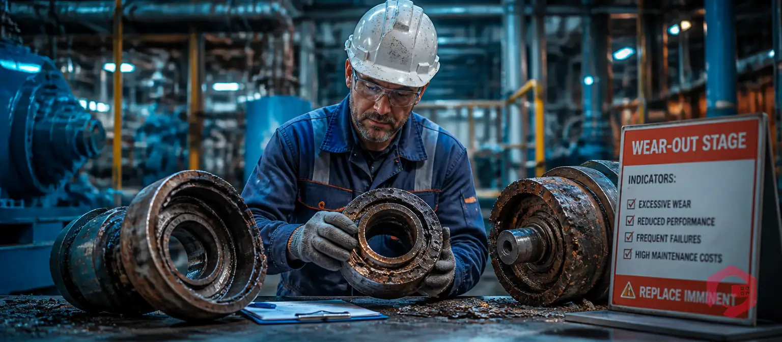 Maintenance engineer inspecting worn industrial equipment in wear-out zone | Cryotos