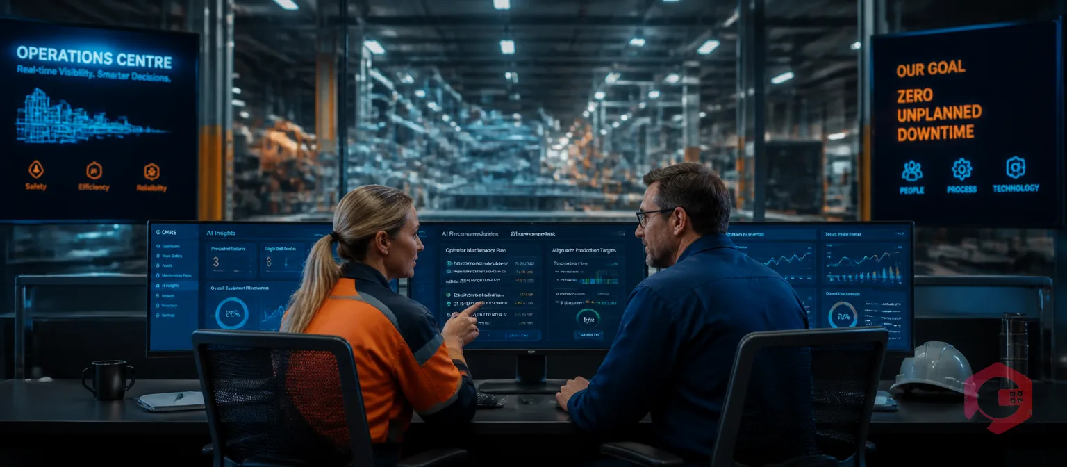 Production and maintenance managers reviewing AI-powered CMMS recommendations at a modern operations centre | Cryotos