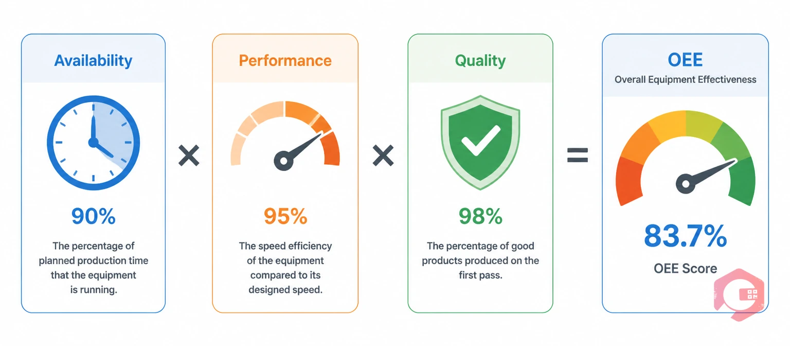 OEE formula diagram showing Availability times Performance times Quality equals OEE score | Cryotos