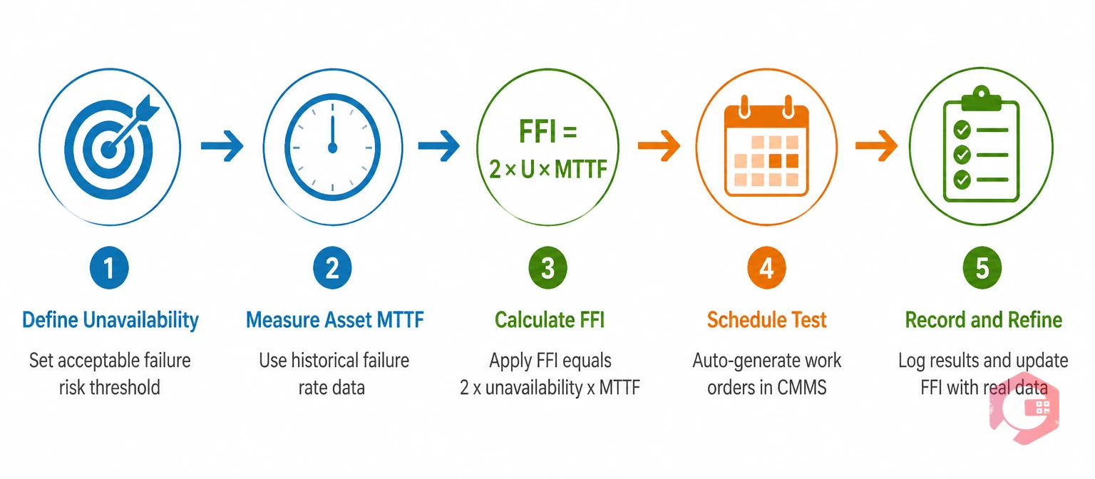 Process illustration showing 5-stage Failure Finding Interval calculation and scheduling workflow | Cryotos