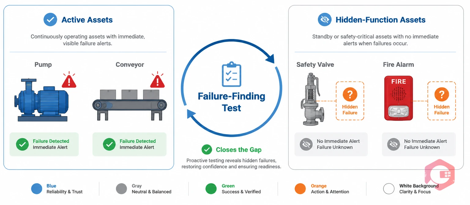 Concept illustration showing failure-finding maintenance gap between hidden-function and active assets | Cryotos