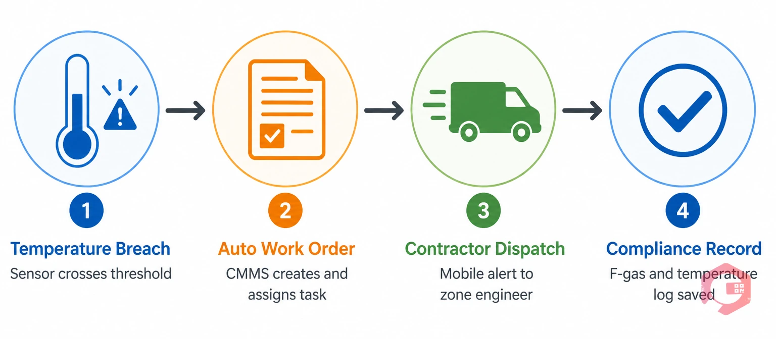 Automated temperature breach to work order workflow in CMMS: sensor alert, auto work order, contractor dispatch, compliance record | Cryotos