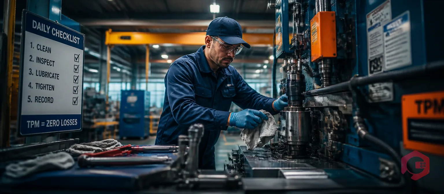 Machine operator performing autonomous maintenance cleaning and inspection on shop floor with TPM checklist | Cryotos