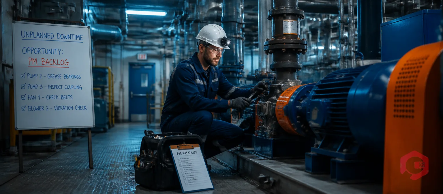 Maintenance technician performing backlogged PM tasks during unplanned equipment downtime | Cryotos