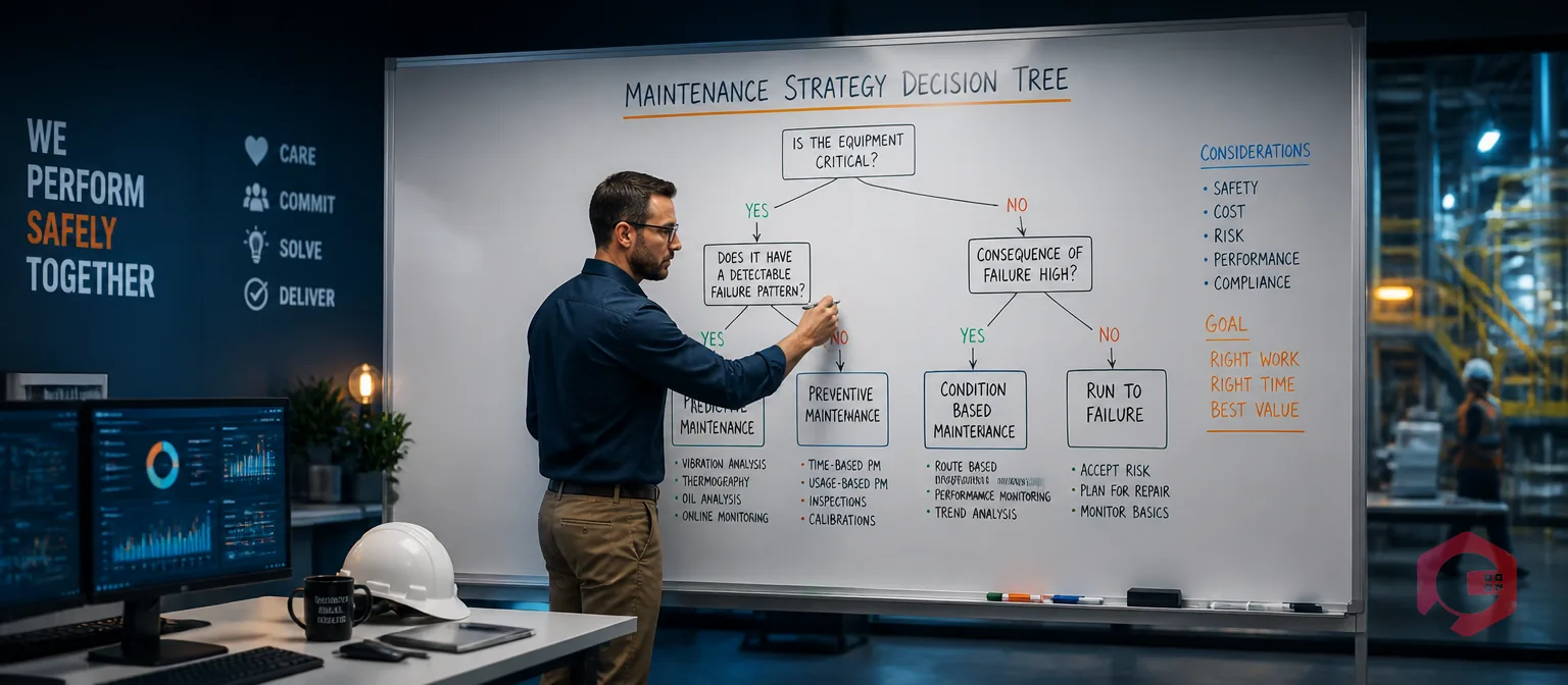 Reliability engineer mapping maintenance strategy decision tree on whiteboard | Cryotos