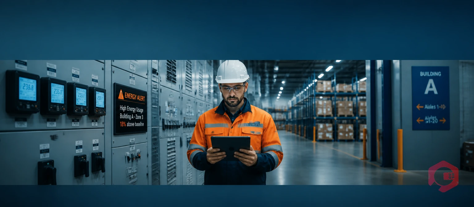 Facilities engineer reviewing energy meter alerts on tablet in retail warehouse | Cryotos