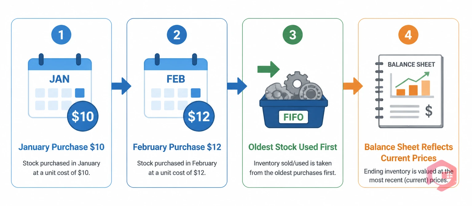 FIFO inventory valuation cost flow diagram showing oldest stock consumed first | Cryotos