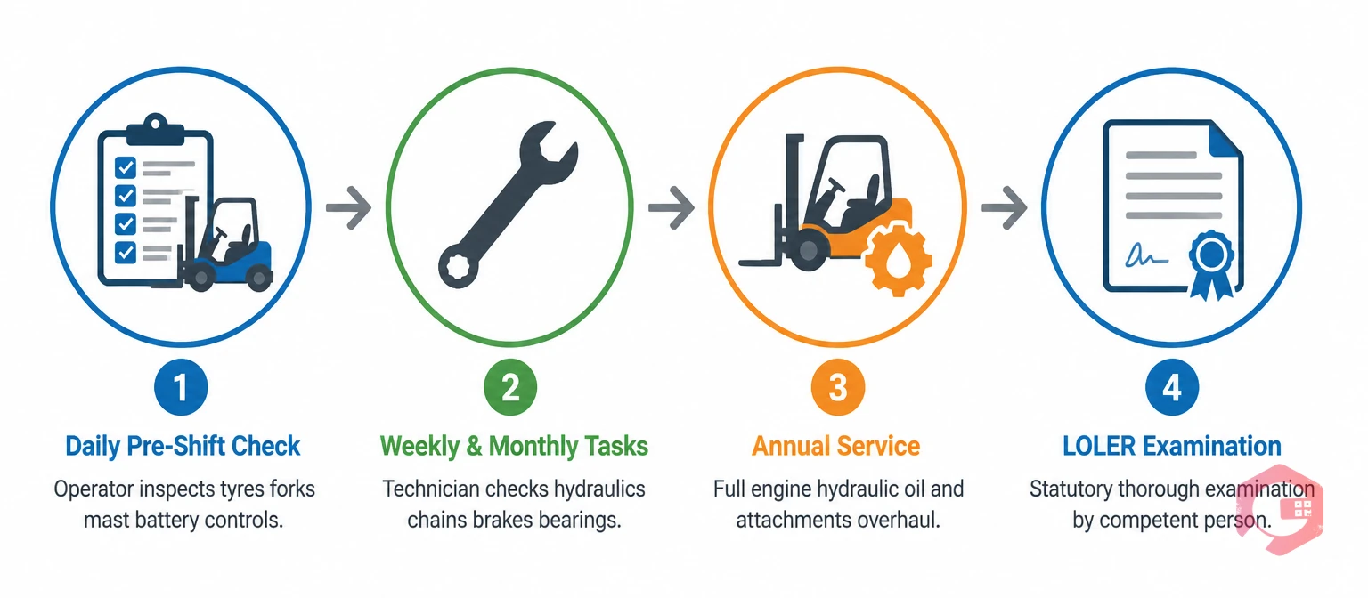 Forklift maintenance checklist lifecycle — daily pre-shift check through LOLER statutory examination | Cryotos